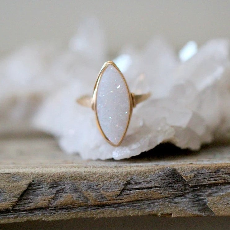 14kt Gold Filled white druzy gemstone handmade ring with wire wrap detail