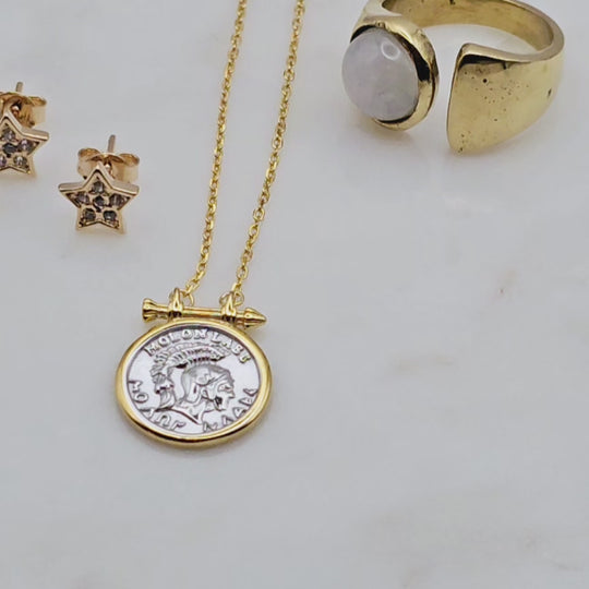 Dainty little roman coin pendant sterling silver with gold bezel. Vermeil chain - Gold plating over sterling silver. 