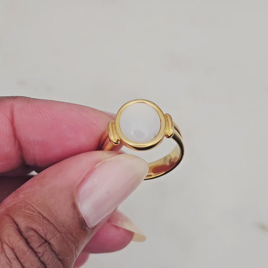 18kt gold plated over stainless steel with a mother of pearl signet design ring. This is a statement ring for any season but it's especially nice to wear during the Spring and Summer.  Very stylish, sophisticated, and trendy. Unique looking and can be worn with complimenting rings.