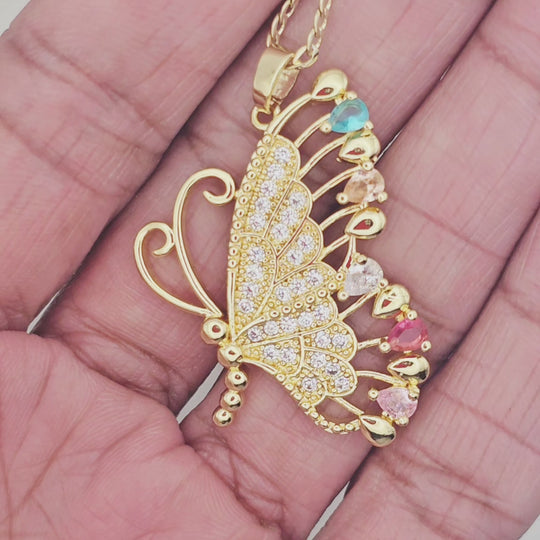 Large butterfly necklace with multi-colored crystals. 14kt gold filled. Very stylish and great to wear alone or layered with complimenting necklaces.