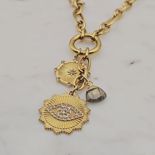 18kt gold plated over stainless steel. Third Eye pendant with a genuine labradorite gem stone. The 3rd Eye symbolizes spiritual insight, intuition, and protection against negative energy. Lariat style chunky statement necklace. Unique jewelry style.