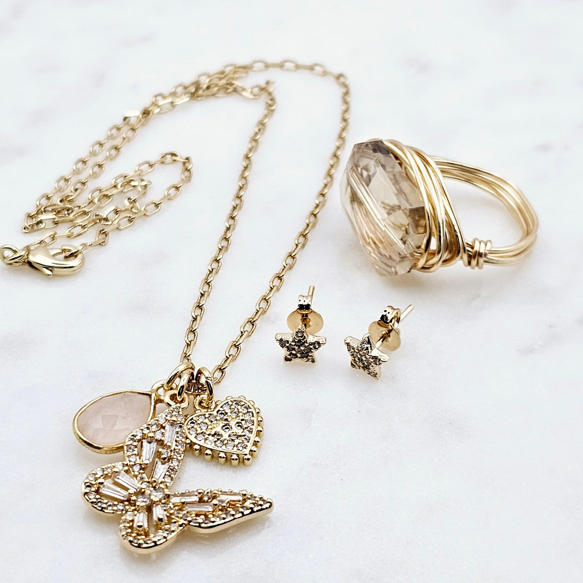gold filled pave butterfly rose quartz stone and pave heart multi charm pendant necklace